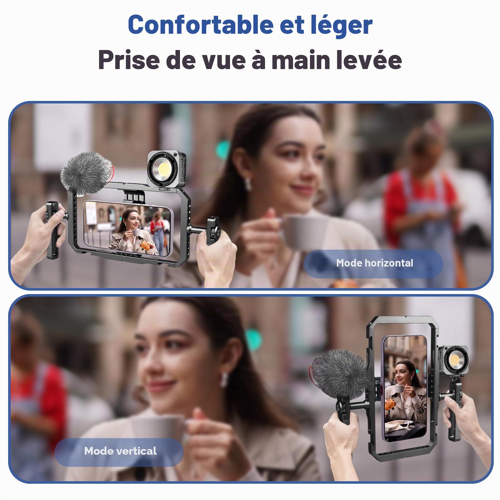 Kit de stabilisateur Universel pour téléphone Portable Vlogging & Filmmaking, Support Cage vidéo avec poignées rotatives à 360 °, Compatible avec iPhone 17/16/15/14/13 et téléphone Portable Android