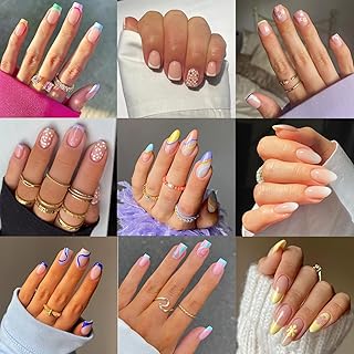9 Packs (216 Pcs) Flower & Swirl Press on Nails - Short, Square & Almond Shapes - Gradient Glue - 12 Sizes - 9 Styles
