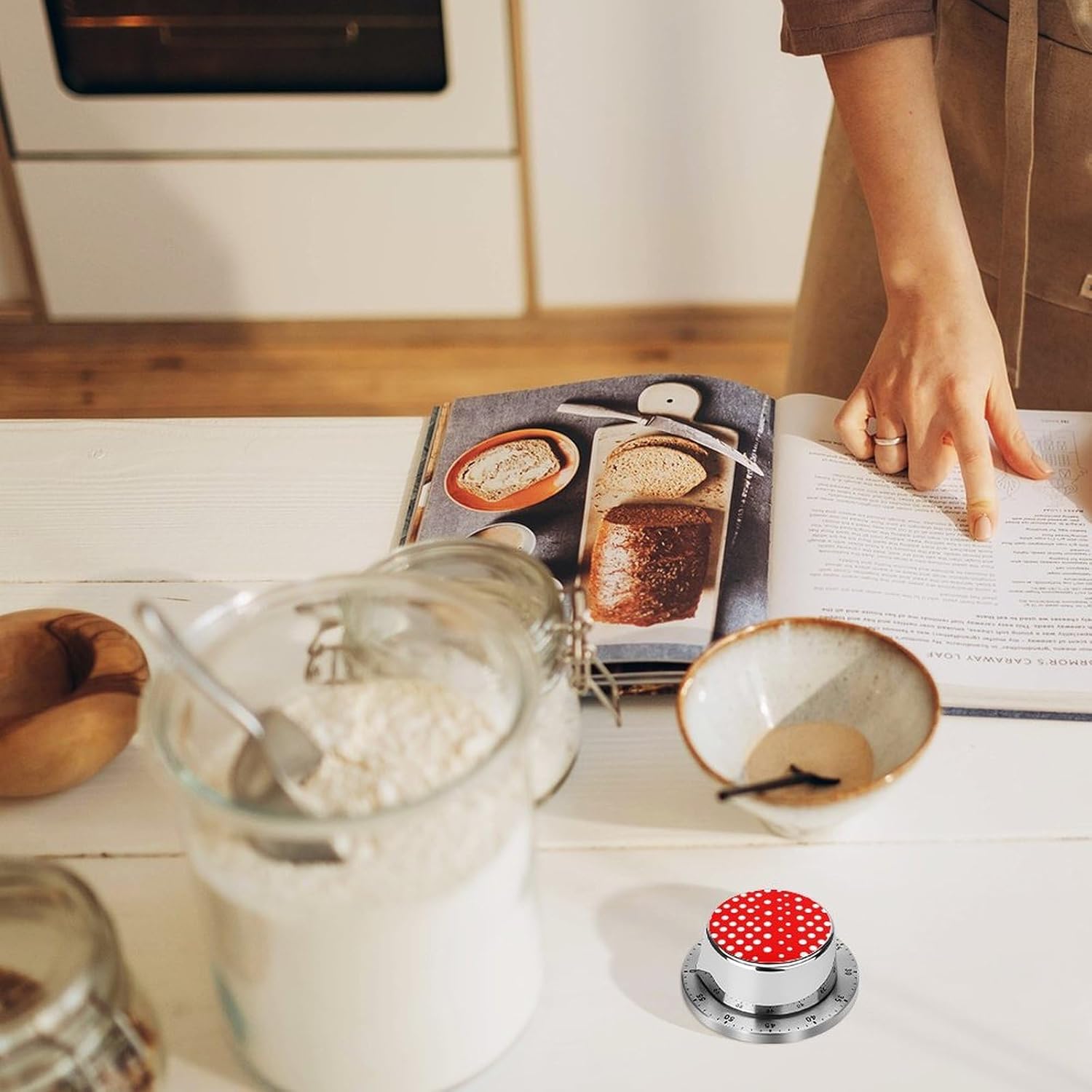 Red White Polka Dot Timer Stainless Steel Kitchen Timers Waterproof & Rust-Proof 60 Minute Mechanical Timer with Loud Alarm for Cooking, Baking, Fitness