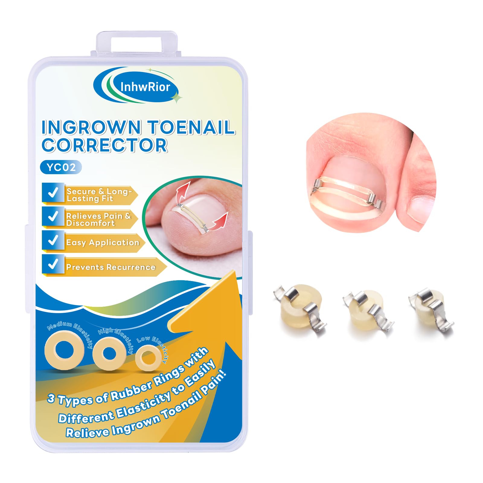 InhwRior Ingrown Toenail Corrector, Toenail Pain Relief with 3 Strengths Rubber Bands for All Stages, Self-Wearable Nail Correction Kit to Fix & Prevent Ingrown Nails, No Size Needed