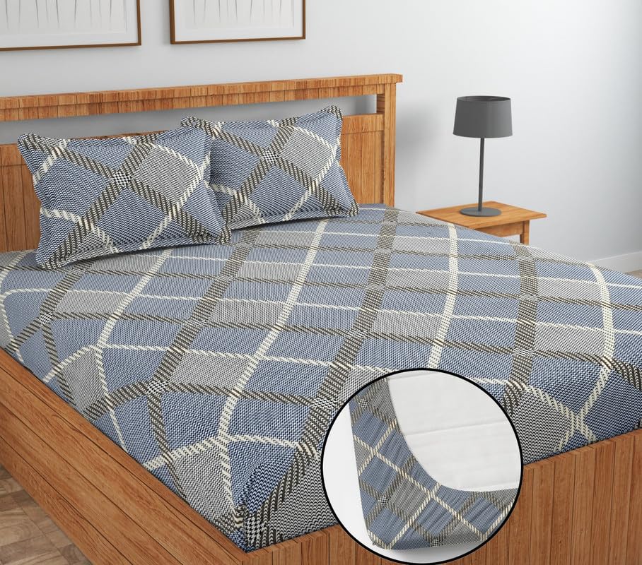 Image of NHD HOME Premium Cotton Elastic Fitted Bedsheets with 2 Pillow Covers Double Bed All Around Elastic Supersoft Size - 72 x 78 +8 inches Grey Striped 200 tc - 220 tc