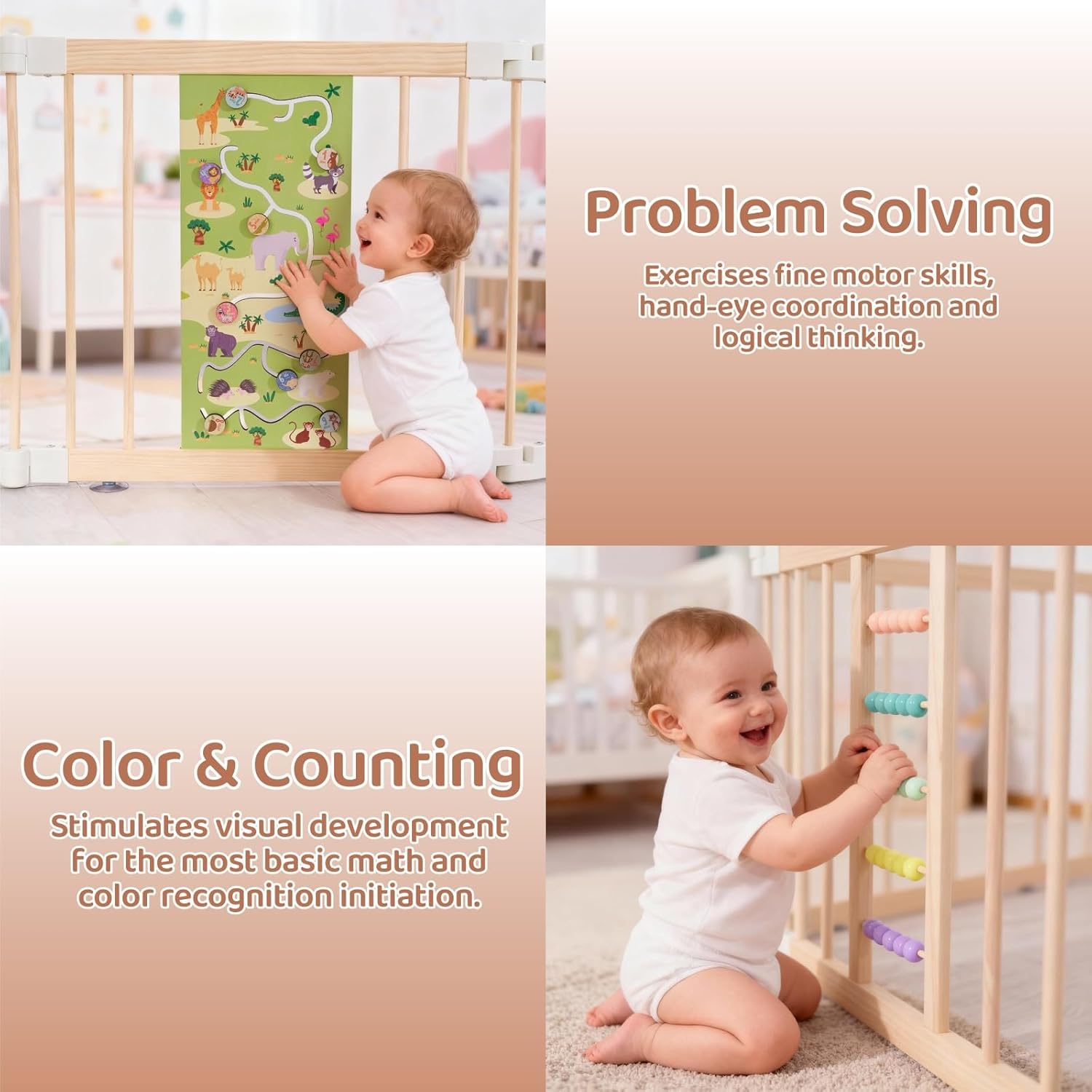 Wooden Baby Playpen, Large Foldable Play Yard for Babies and Toddlers, 57"x57"x24" Montessori Play Fence with Activity Center,Easy Fold & Safety Gate for Indoor Play Area