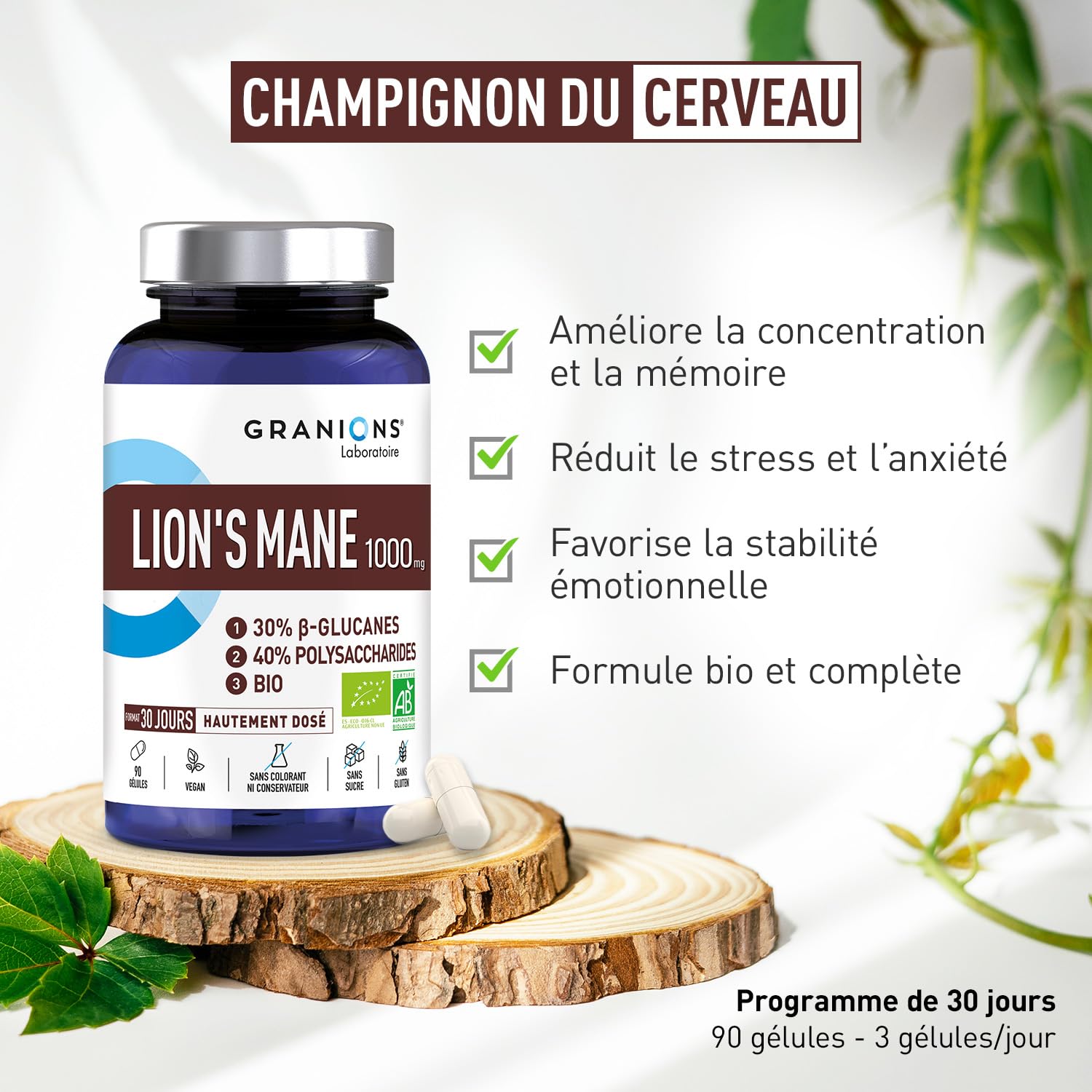 Granions Lion's Mane Bio 1000 mg | 90 Capsule Vegetali | 40% Polisaccaridi + 30% Beta-Glucani | KSM Hericium erinaceus | Vegan | Senza Glutine | Formato 30 Giorni | Certificato Bio