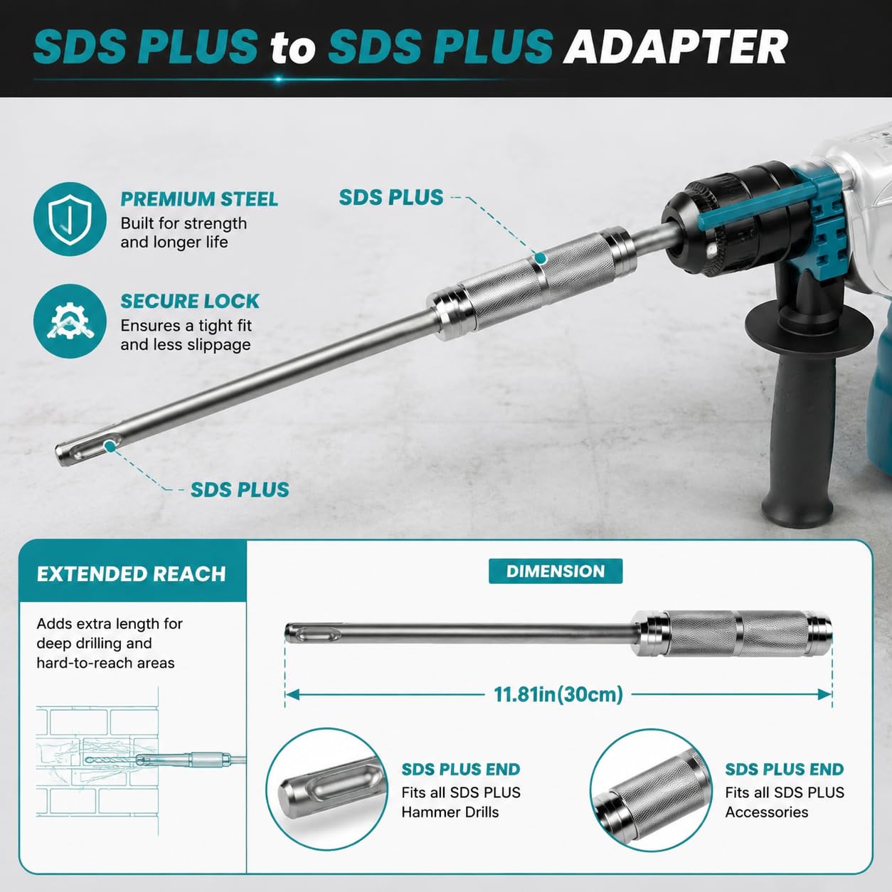 SDS Plus Extension Adapter with 11.8'' Total Length System (3.74'' Adapter + Extension Shaft), Heavy Duty Alloy Steel Rotary Hammer Extension for Drill Bits & Hole Saws