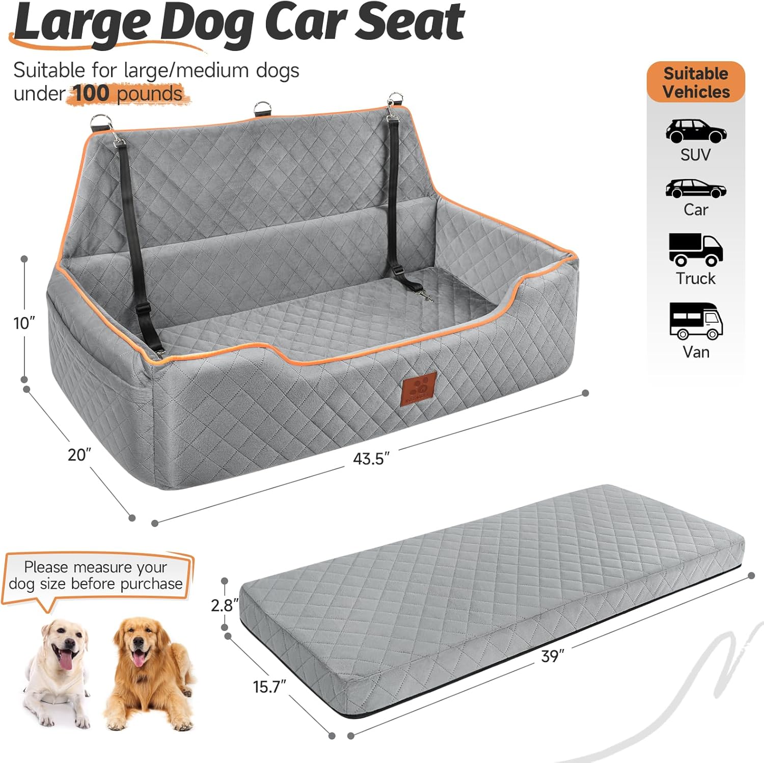 XIEAEOZEE Dog Car Bed for Large/Medium Dogs, Comfortable Pet Booster for Back Seat, Detachable & Washable Travel Seat with Thick Cushion (Gray)