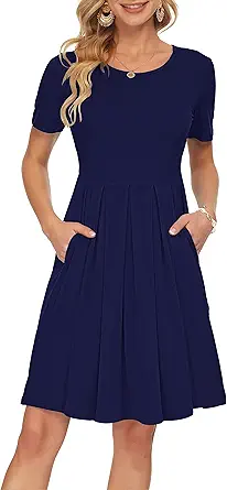 AUSELILY Women's Short Sleeve Pleated Loose Swing Casual Dress with Pockets Knee Length