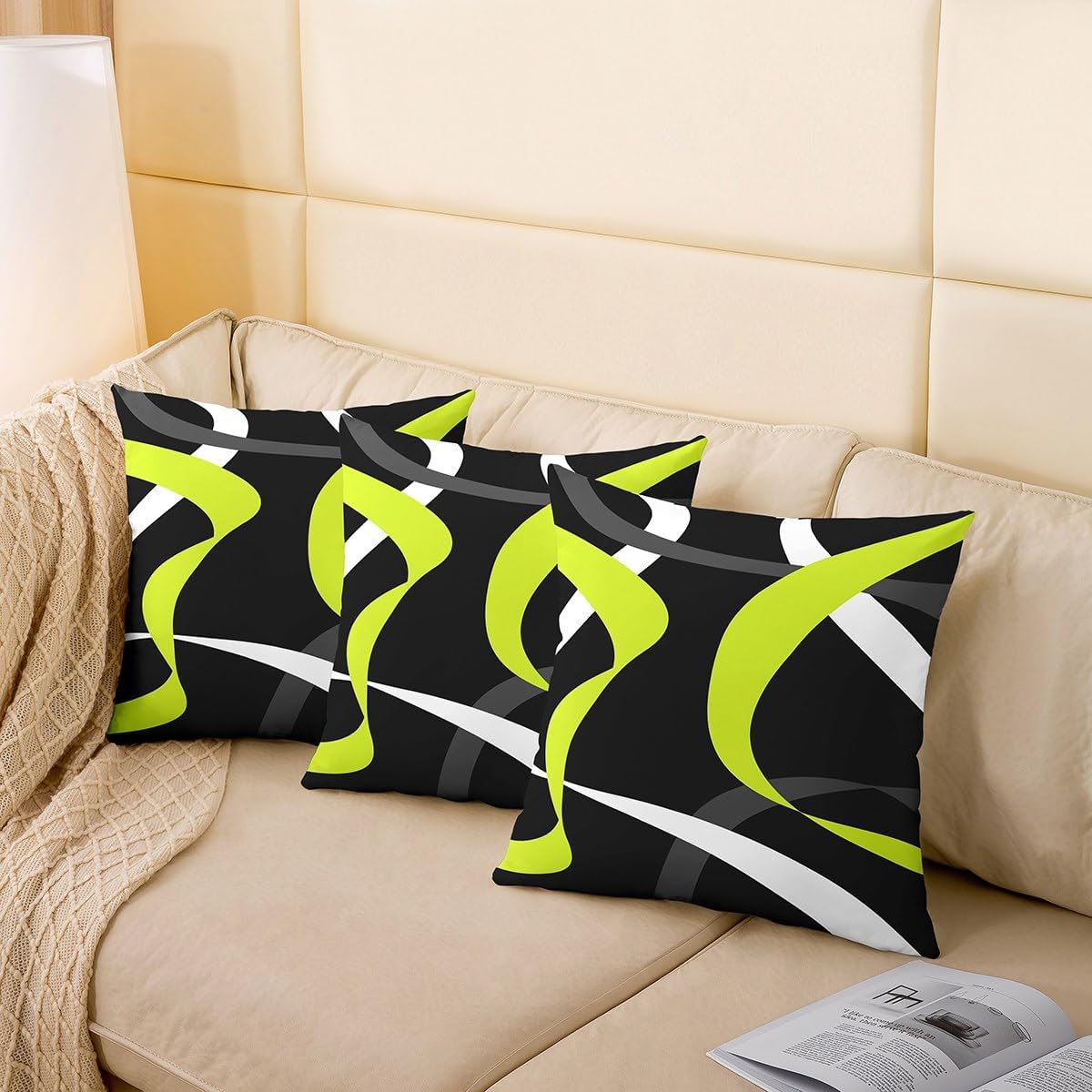 Erosebridal Set of 2 Abstract Black Lime Green Pillow Covers Dark Grey White Striped Cushion Cases 18x18 for Kids Boys Teen Men Geometric Swirl Stripes Throw Pillow Covers Modern Fashion Room Decor image 4