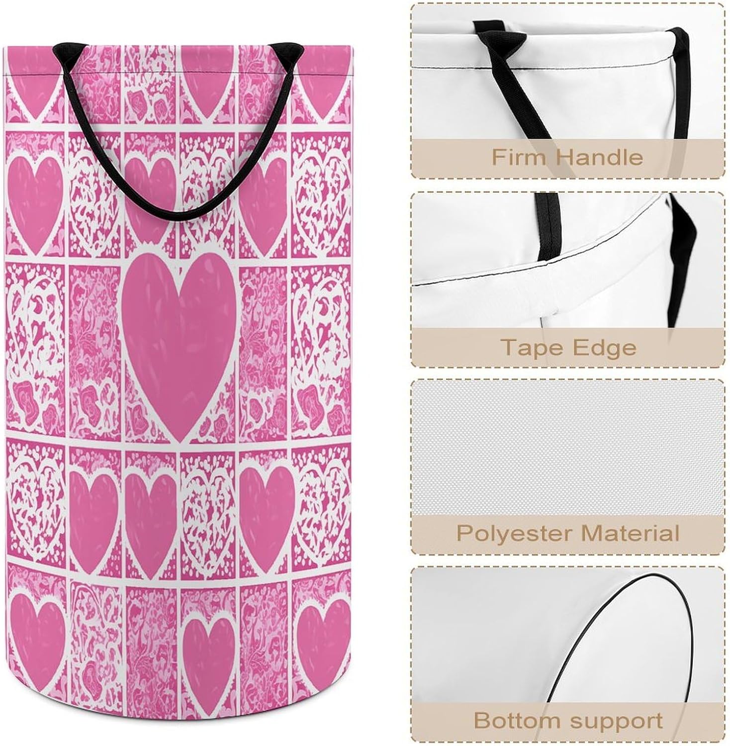Pink White Love Heart Laundry Hamper Large Collapsible Laundry Basket with Handles Waterproof Clothes Hamper Portable Dirty Clothes Basket for Bedroom Laundry Room Closet Bathroom