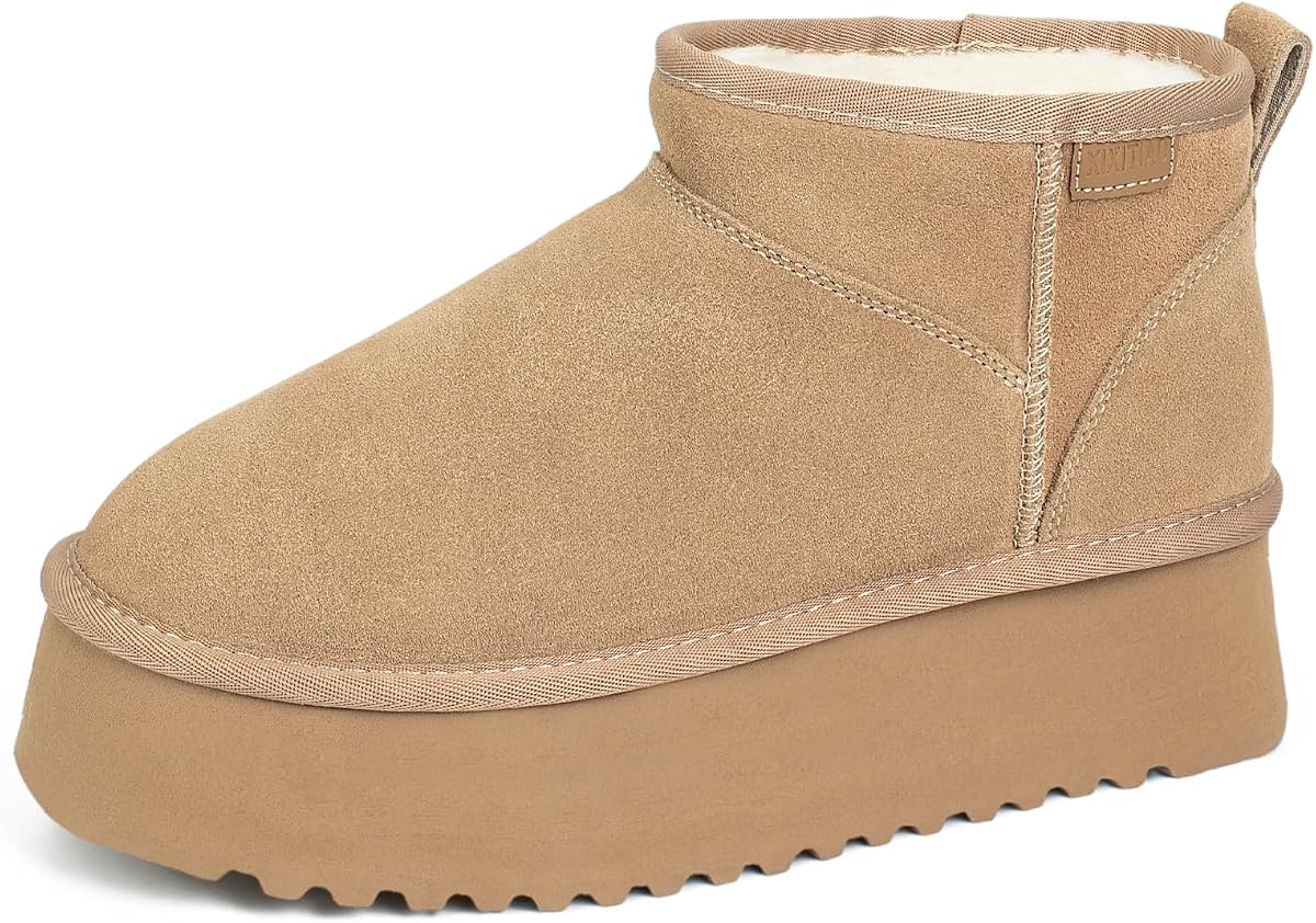 Mini Boots for Women,Platform Ankle Snow Boots Womens,Genuine Suede Winter Boots with Cozy Stretch Wool Insole,Anti-Slip Pull-On Short Booties