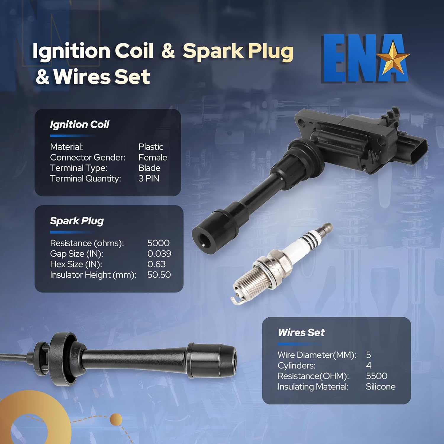 ENA Set of 2 Ignition Coil Pack 4 Platinum Spark Plug and 2 Wire Set Compatible with Mazda 2001 2002 2003 Protege, 02 03 Protege5 2.0 Replacement for UF407 AP3924 5420 C1340 C637 GN10301