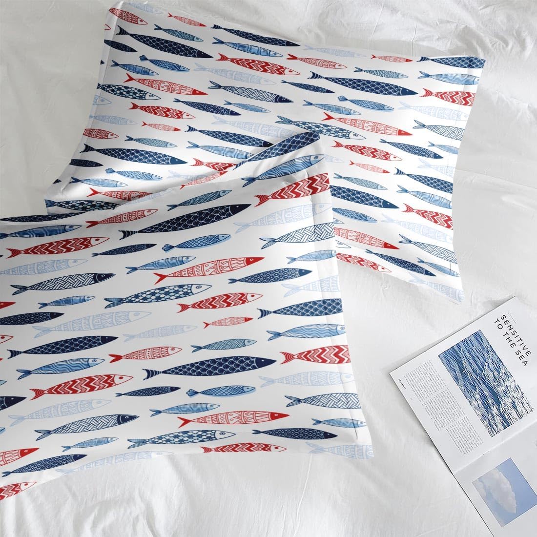 Pamnest King Size Bed Sheet Sets, Summer Blue Fish Soft Microfiber 4 Pcs Bedding Sets for Kids and Adults Bedroom Bed Decor, Cute Sea Red Flat, Fitted Sheet and 2 Pillowcases