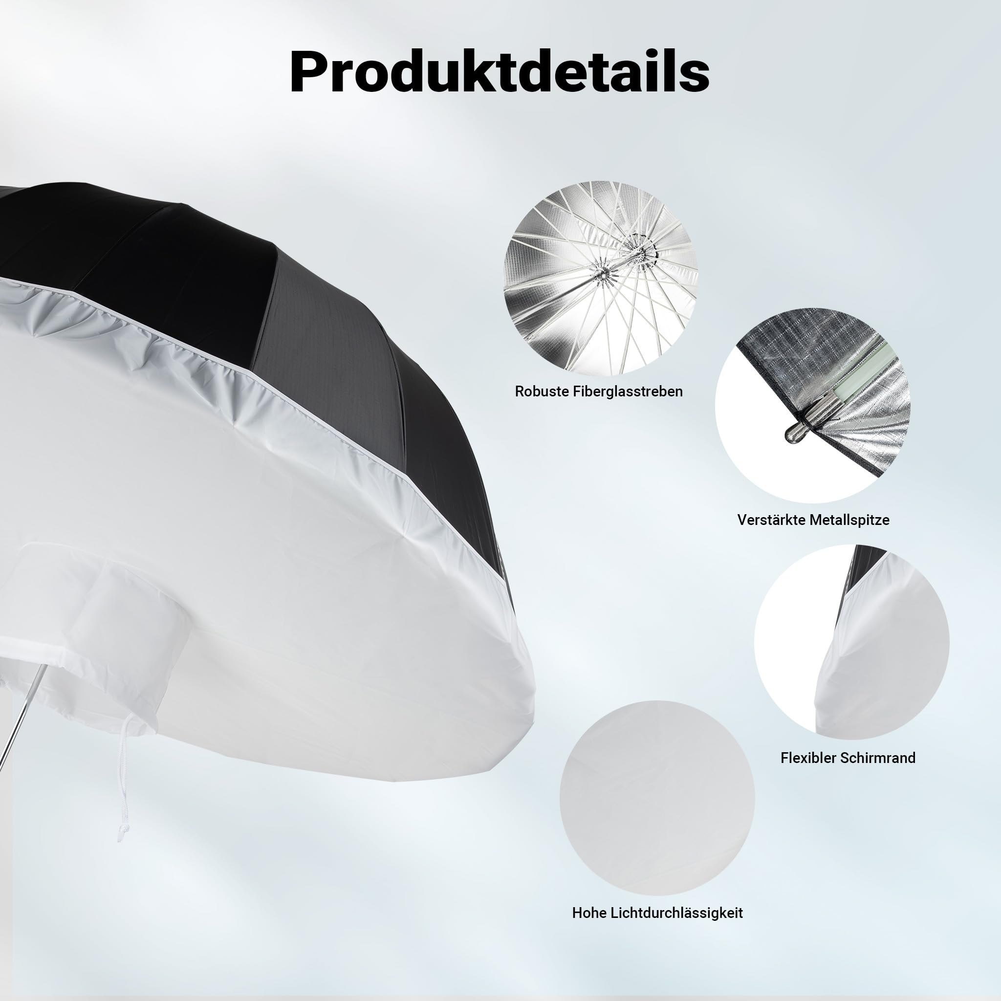 Walimex pro Parabol Reflexschirm schwarz/silberfarben Ø 165 cm + Diffusor – Lichtformer Set für Fotografie und Videografie