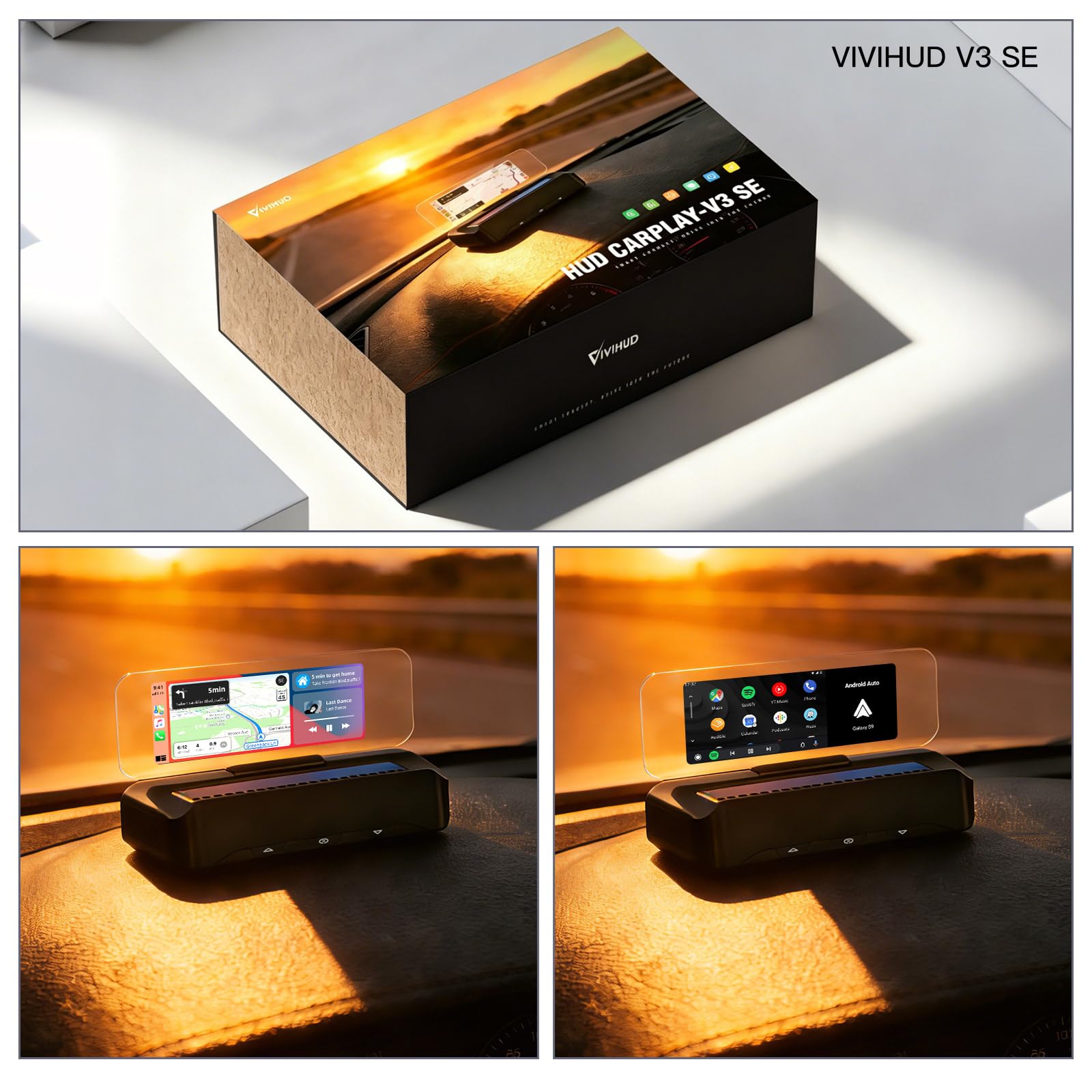 VIVIHUD V3-SE Carplay inalámbrico Android coche HUD Head-Up Display Cluster Pantalla HD reflector de imagen Bluetooth OBD2 GPS velocímetro Plug-and-Play Inteligente Brillo Automático