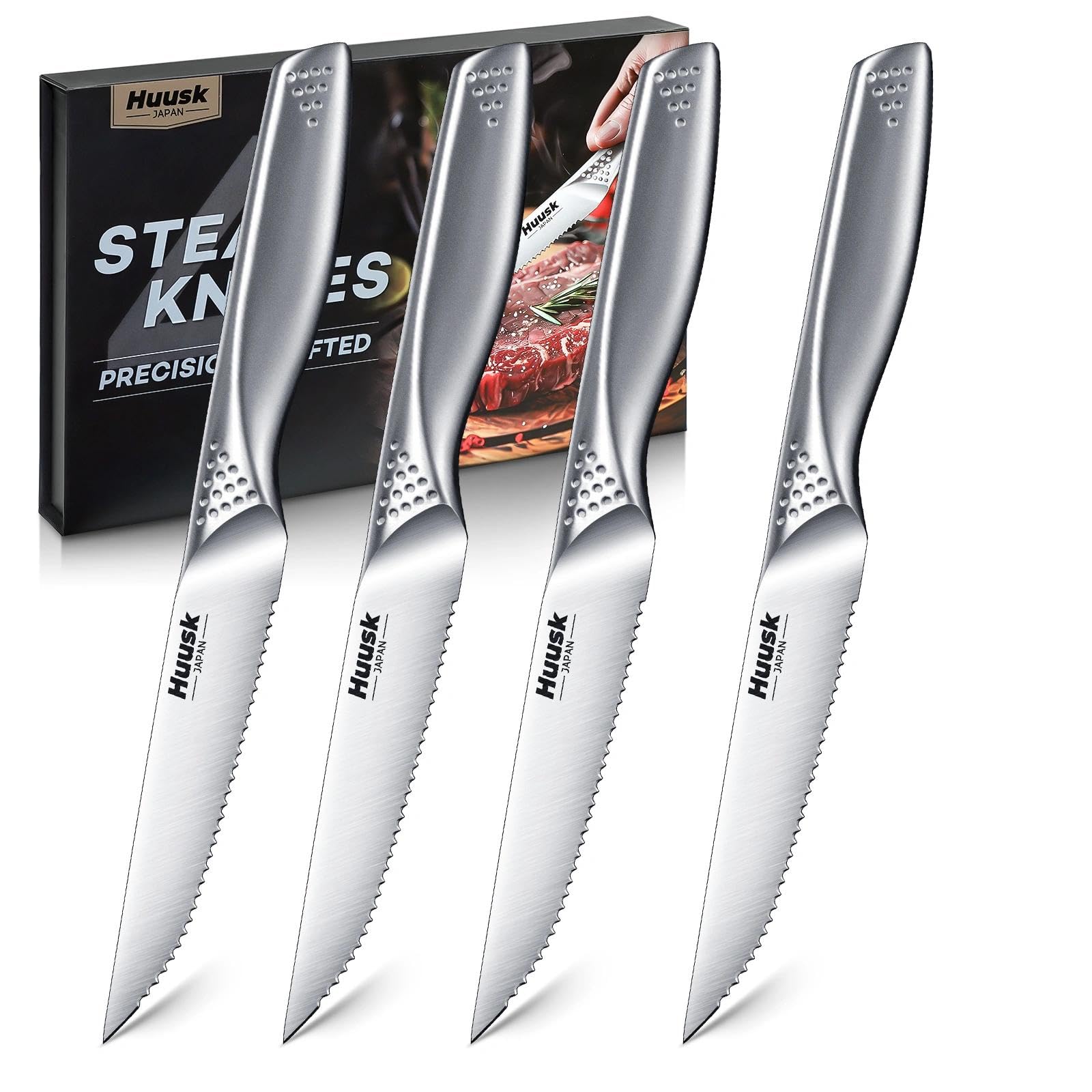 Photo 1 of **FACTORY SEALED** Huusk Serrated Steak Knives Set, 4.5" Japanese Stainless Steel Steak Knives Set of 4, Sharp Dinner Knife for Kitchen Table with Gift Box, Gifts for Men Women
