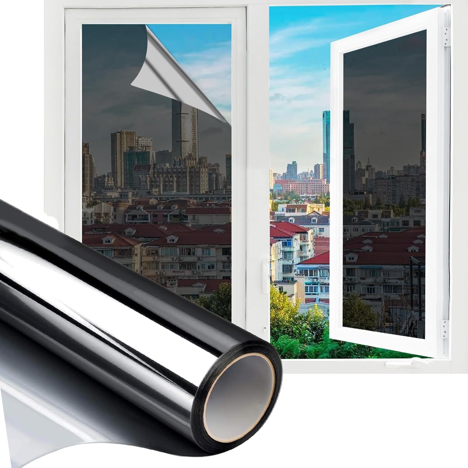 One Way Window Film Privacy - Film for Glass Windows, Reflective Anti Glare Static Daytime Privacy, Heat Control Mirror Window Tint UV Blocking Sticker for Home and Office 40 x 200cm (Black)