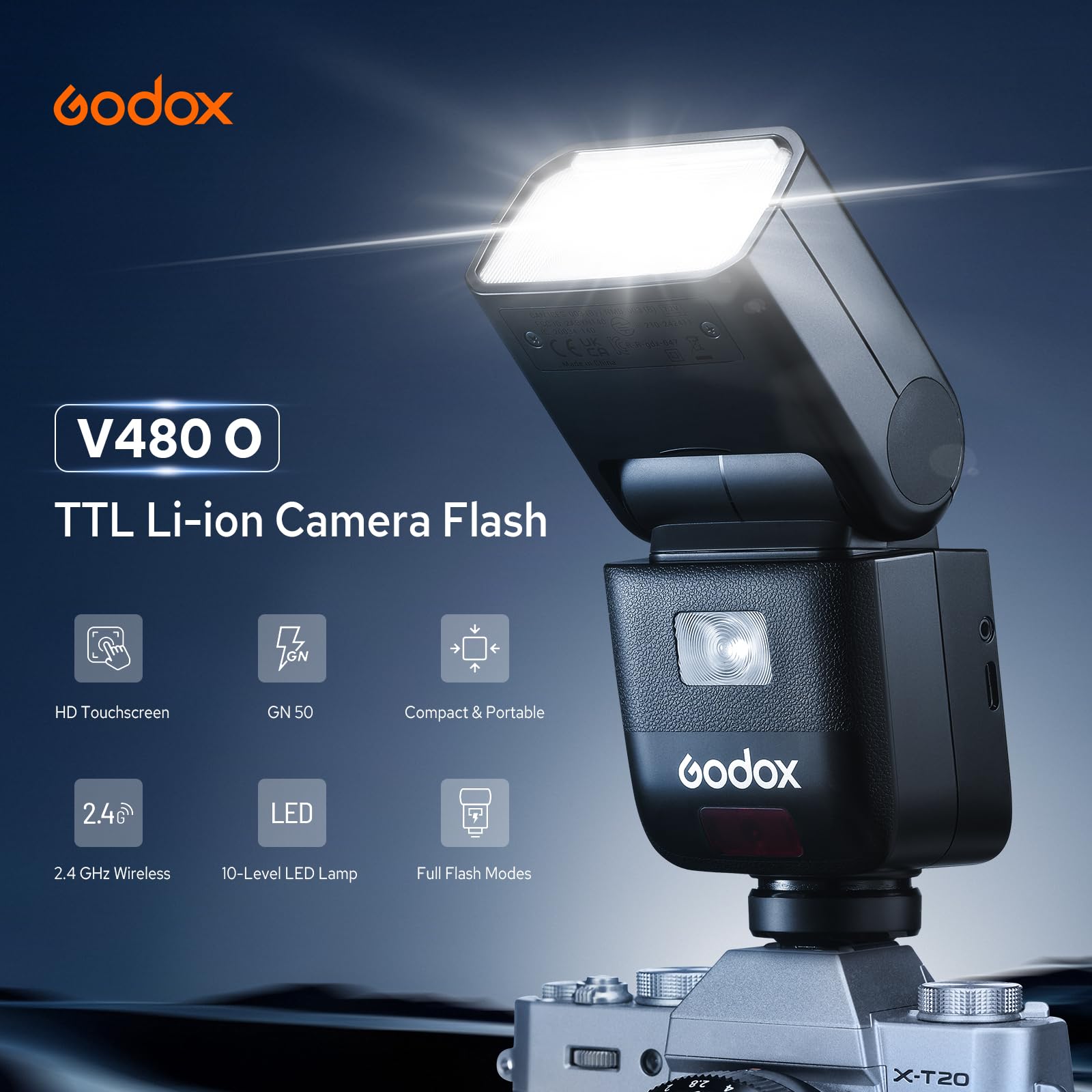Godox V480O Flash TTL Olympus Panasonic 2.4G HSS 1/8000s pantalla táctil 2.0" | GN50 Speedlite, USB-C Charge, 650 luces de pleno poder, tiempo de carga de 1.7s, lámpara piloto de 10 niveles
