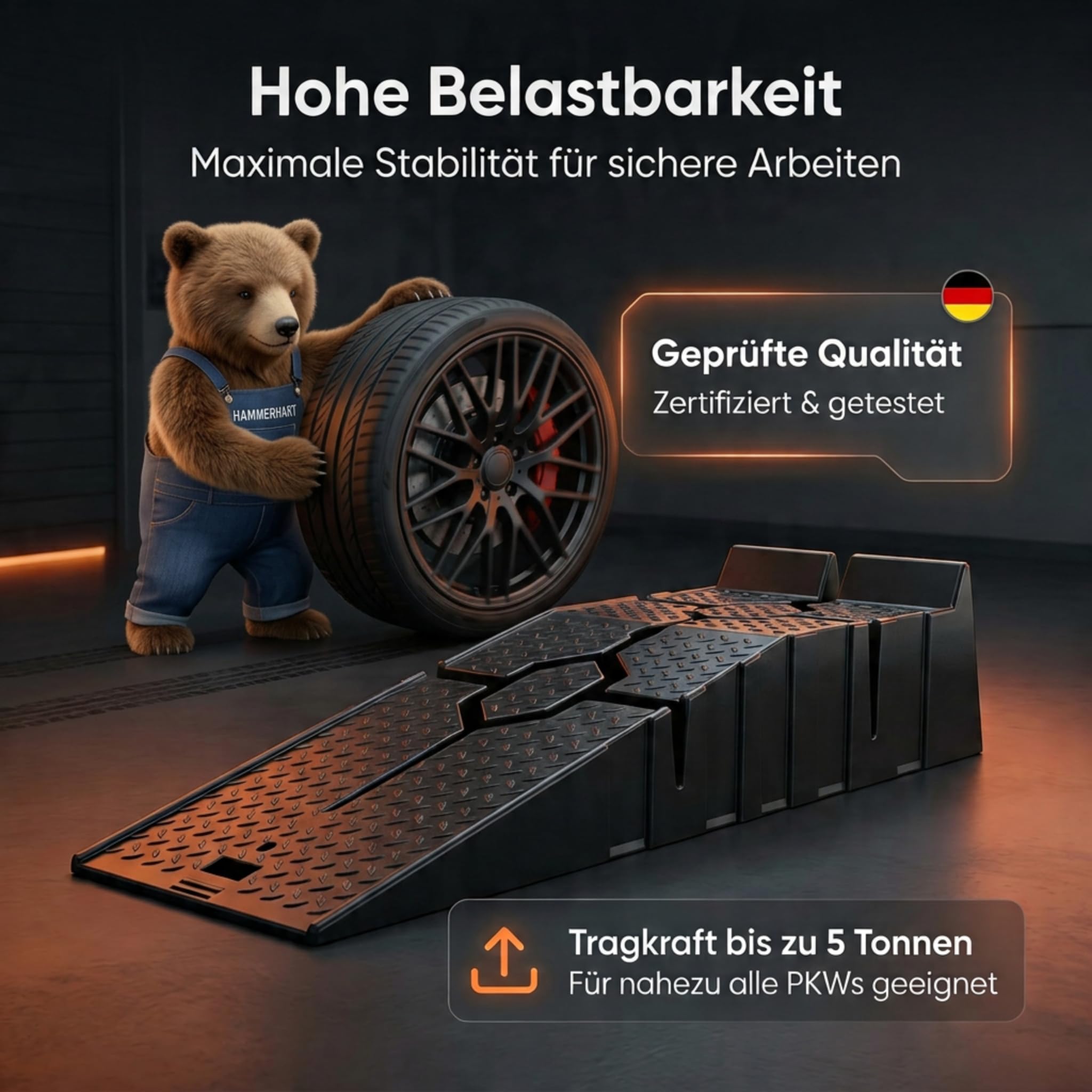 HAMMERHART - Auffahrrampe PKW [2er Set <5T ] | Hochbelastbare Auto Rampe TESTSIEGER | Auffahrkeile mit Anti Rutsch Struktur für jeden Untergrund | Auffahrrampen ideal für Wohnwagen, Anhänger & Pkw