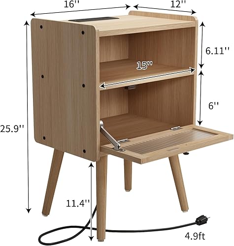 Miniatura 18 de Mesita de noche moderna de mediados de siglo con estación de carga, mesitas de noche con puerta de cristal, mesa auxiliar con espacio de Gris