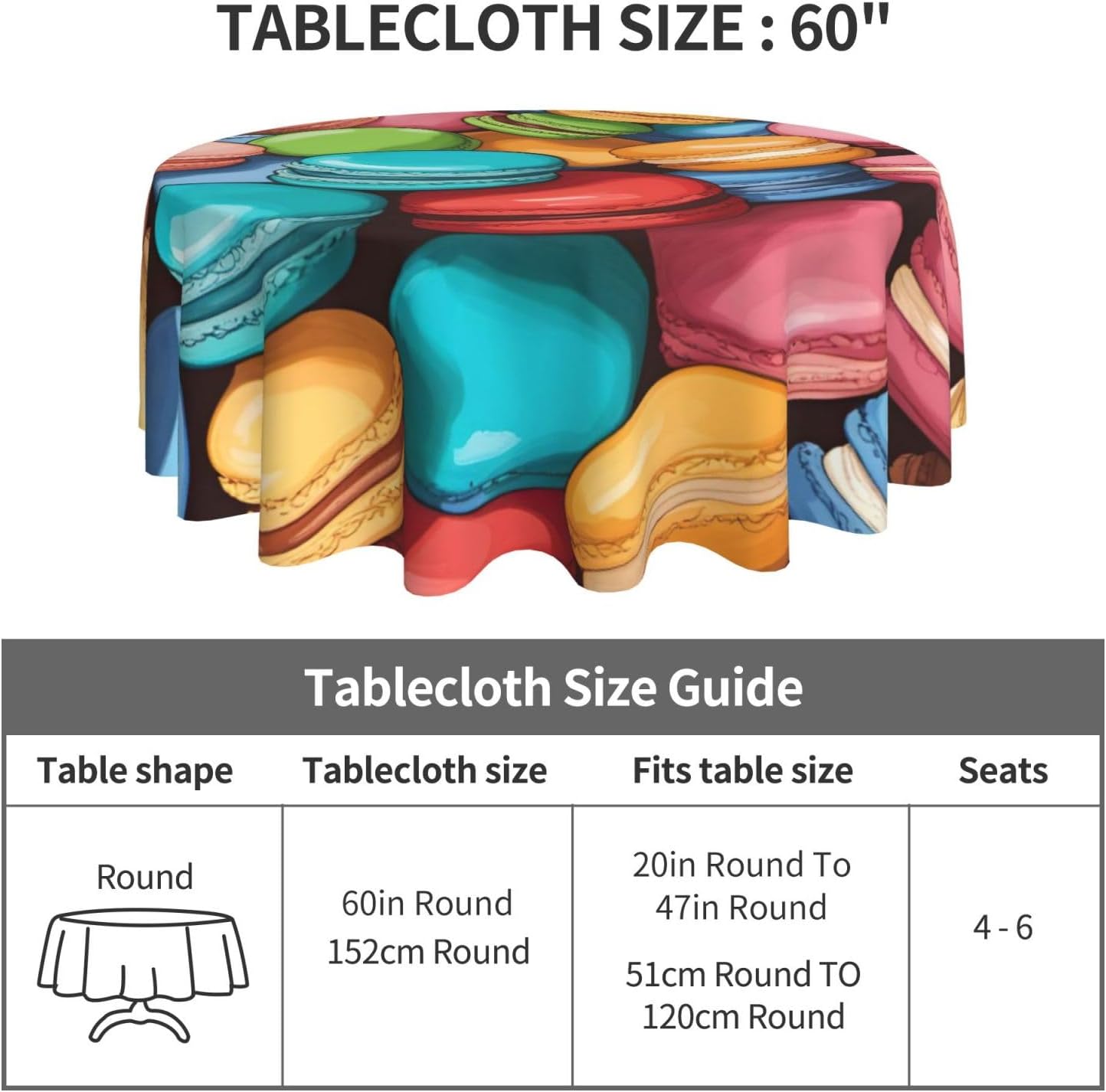 Macaron Biscuit Flavored Print Wrinkle Free Dining Table Cover for Birthday Party Farmhouse Tablecloths Up to 60 x 60 Inches