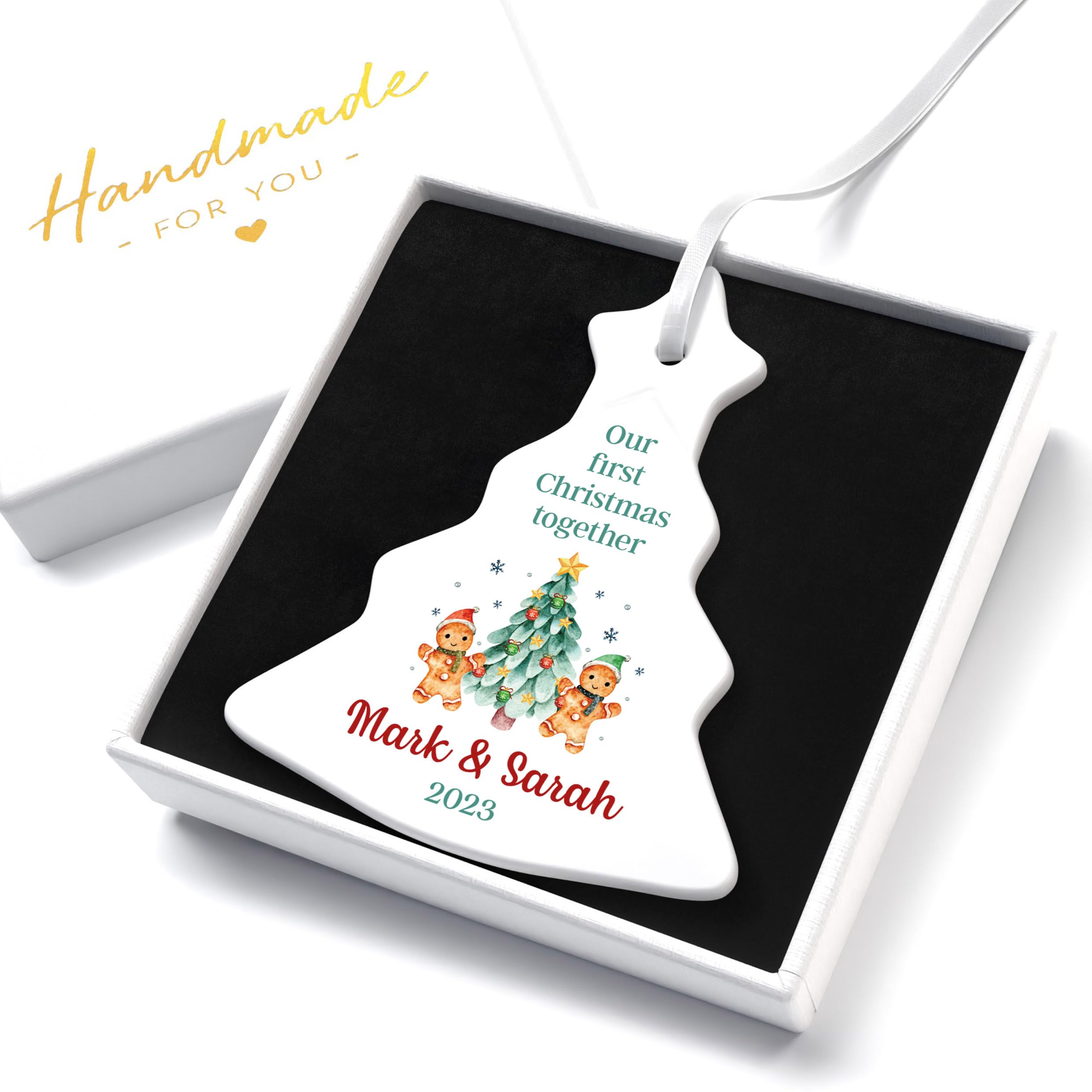 Beecreative First Christmas Together Ceramic Christmas Tree Ornament Bauble Decoration - Our 1st Xmas Couple Boyfriend Girlfriend Gift - Gingerbread Couple - With Gift Box