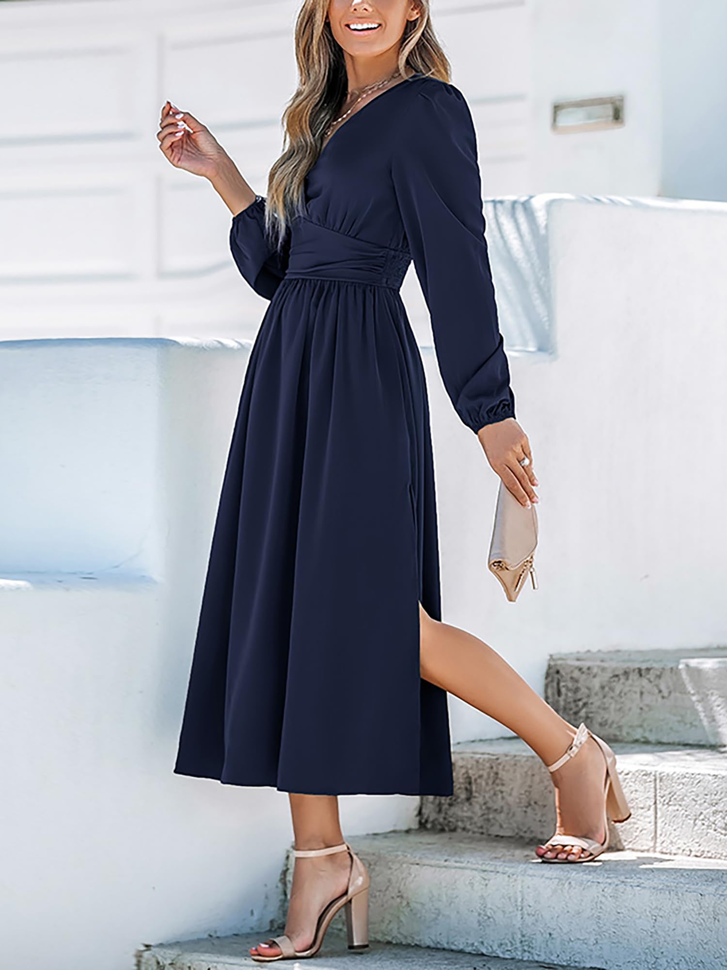 CUPSHE Robes d'automne pour femmes, col en V, manches longues, tunique fendue à la taille, couleur unie, robe midi décontractée
