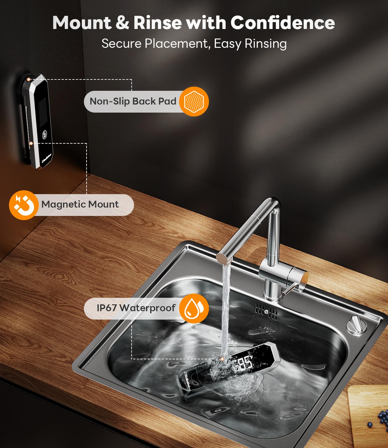 LockView FM151 Termometro per carne con blocco temperatura e ripresa automatica, sonda digitale a lettura istantanea da 0,5 secondi, impermeabile IP67, in acciaio inox 18/8, per cucinare, grigliare