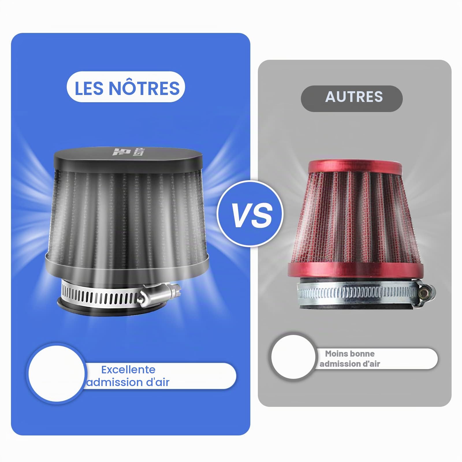 Lot de 2 filtres à air universels de 50 mm pour moto tout-terrain, haute performance, pour motocross, scooter, cyclomoteur, Yamaha, Honda, Suzuki, Kawasaki, ATV (noir)