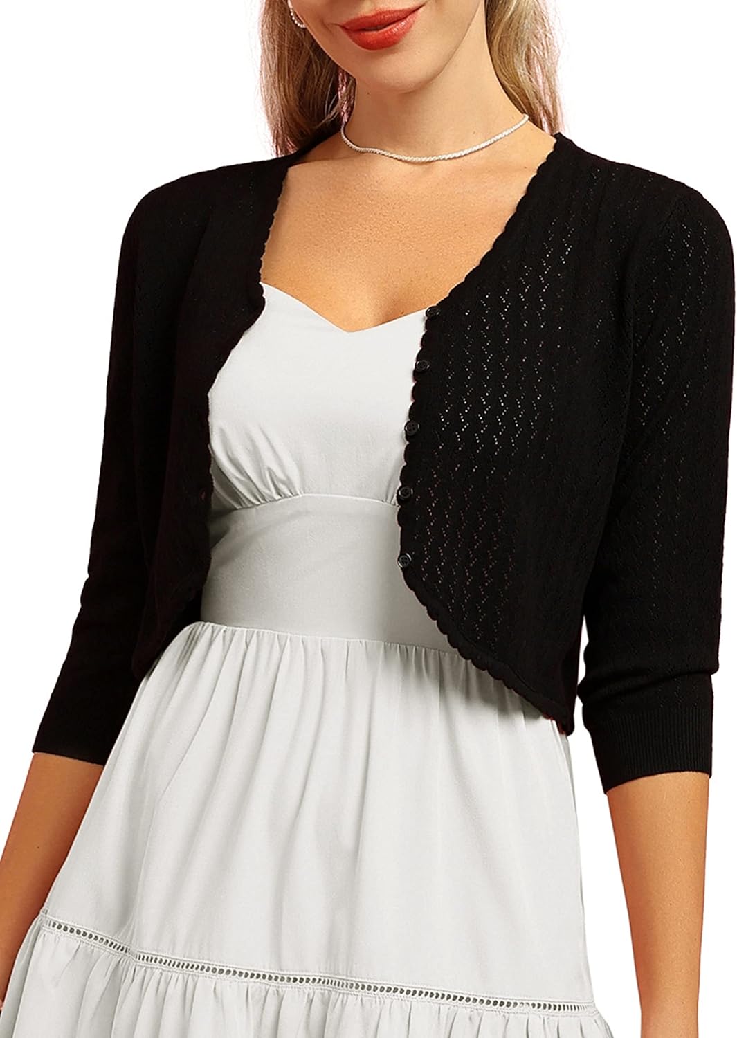 Womens Summer 3/4 Sleeve Bolero Shrug for Dress Open Front Scalloped Knit Cropped Cardigan Sweater Lightweight