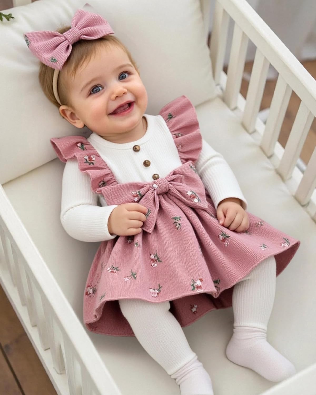 Newborn Baby Girl Fall Winter Outfits Infant Ribbed Romper Dress Ruffle Long Sleeve Clothes Jumpsuit with Bow Headband - Image 4