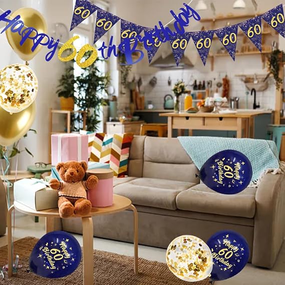 60th Birthday Decoration for Men Him Navy Blue Happy Birthday Banner Balloon