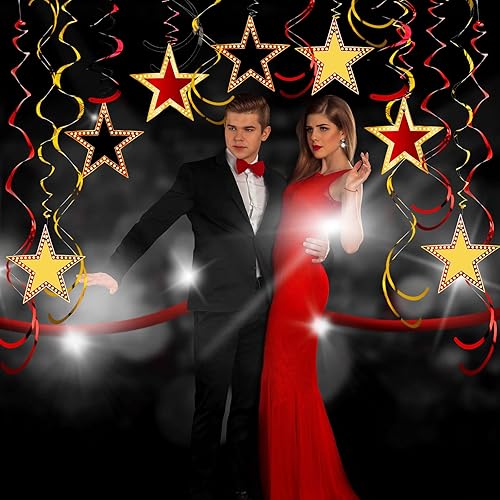Miniatura 5 de Lenwen 39 espirales colgantes estilo estrella rojo dorado y negro para decoración nocturna de películas, alfombra roja, decoración de fiesta,