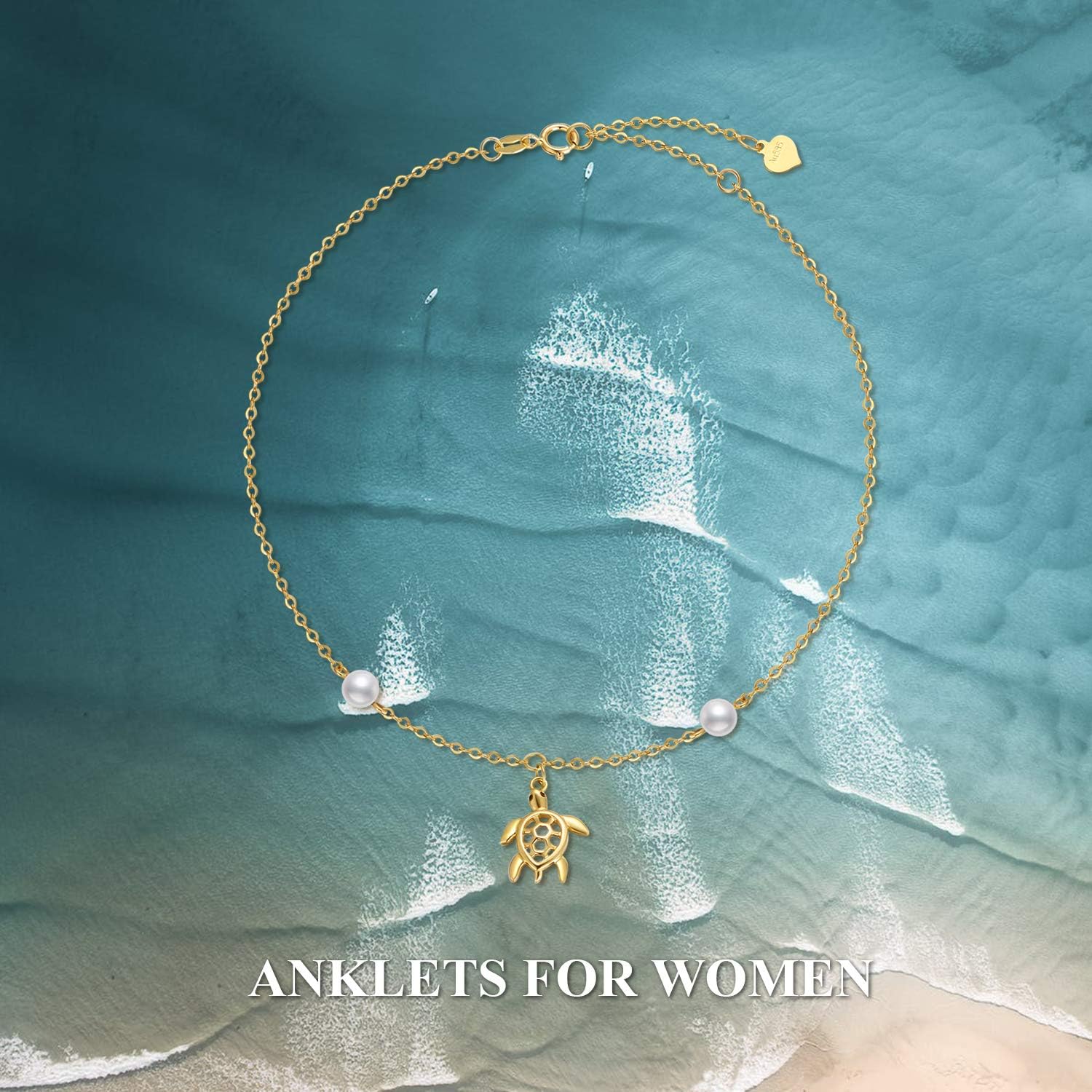 14k Gold Sea Turtle Anklet for Women, Real Gold Ankle Bracelet Jewelry Gifts for Animal Lovers, 8.6+0.8+0.8 Inch