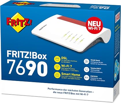 FRITZ! Box 7690 (Wi-Fi 7 DSL Router with 5760 Mbps (5GHz) & 1376 Mbps (2.4 GHz) up to 300 Mbps with VDSL Supervectoring and ADSL2+ WLAN Mesh DECT Base German Version