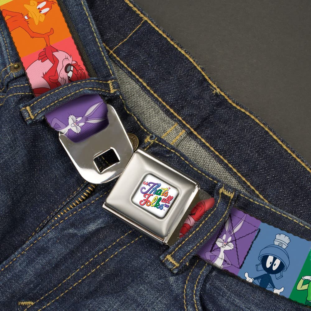 Looney Tunes Belt, Seatbelt Buckle Belt, Looney Tunes Character Pose Pride Blocks Multi Color, 24 to 38 Inches
