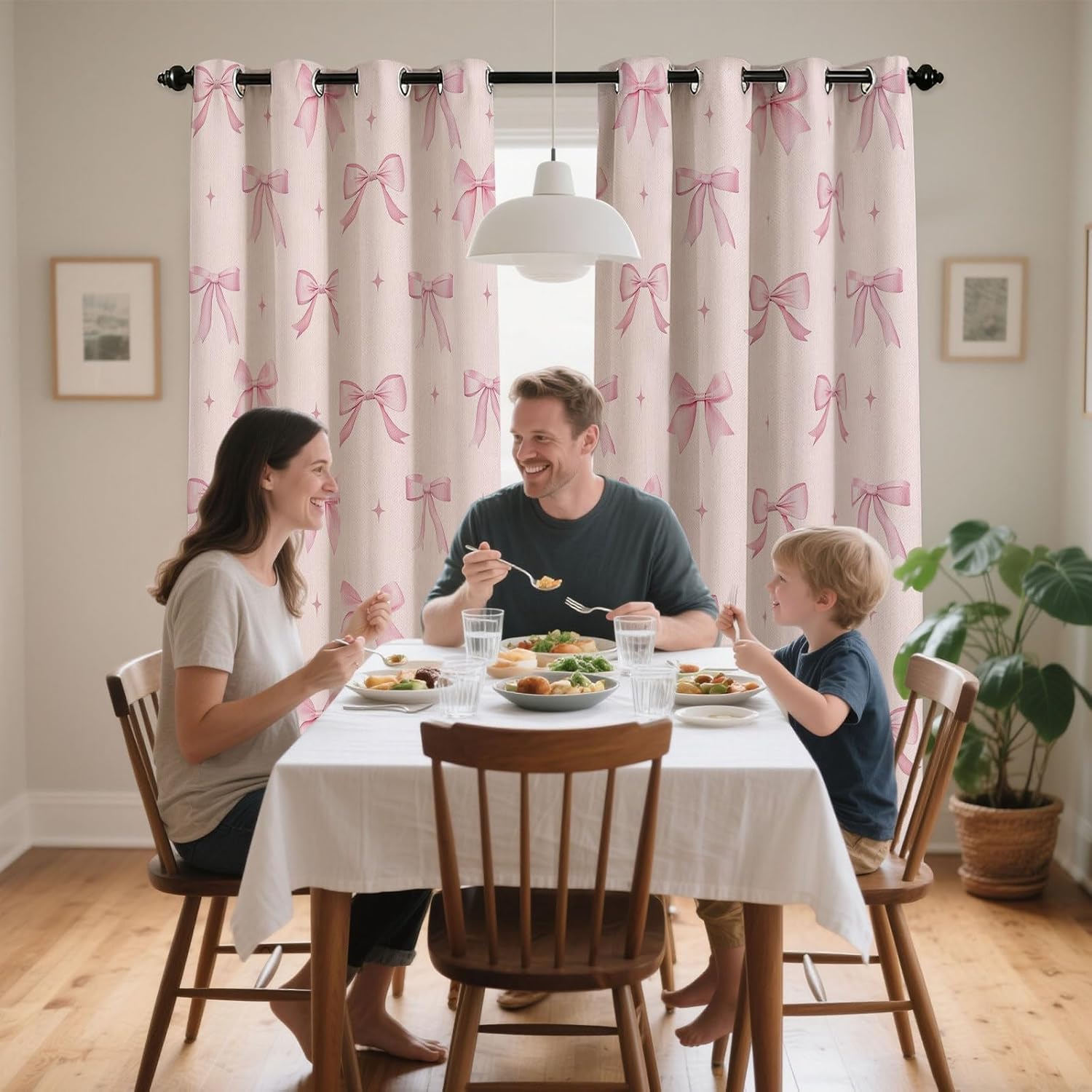 Pink Bow Curtains for Bedroom 63 in Long 2 Panels, Cute Bow Coquette Girls Curtains for Living Room, Patterned Decorative Curtain, Pink Bows Window Drapes, Chrismas Decoration for Winter