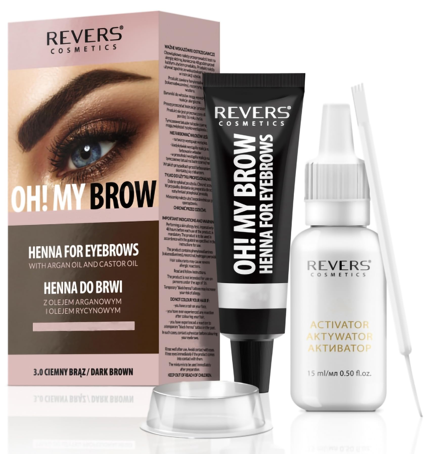 REVERS COSMETICS Eyebrow Dye Kit Dark Brown Ammonia Free, Brow Tint with Argan Oil and Castor Oil, Salon Quality, Natural Result, Lasts Up to 4 Weeks, Up to 15 Applications