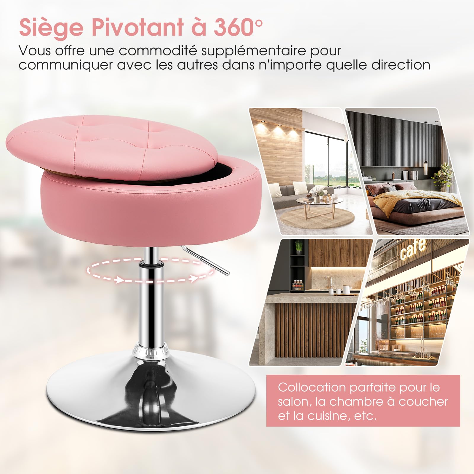 GOPLUS Tabouret de Coiffeuse Capitonné, 3 en 1 Pouf de Rangement d'Appoint avec Couvercle Réversible, Chaise de Maquillage Pivotante à 360° et Réglable en Hauteur 51-66 cm (Rose)