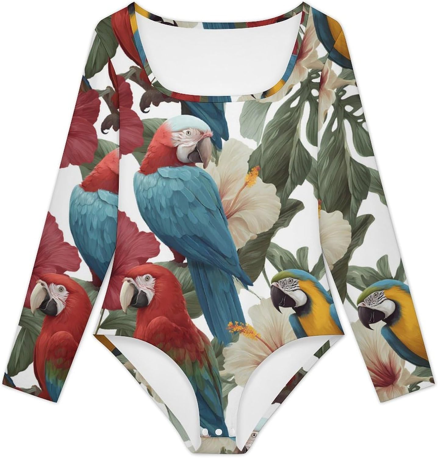 Palm Leaves Parrot Flowers Women's Bodysuits Long Sleeve Top 5XL
