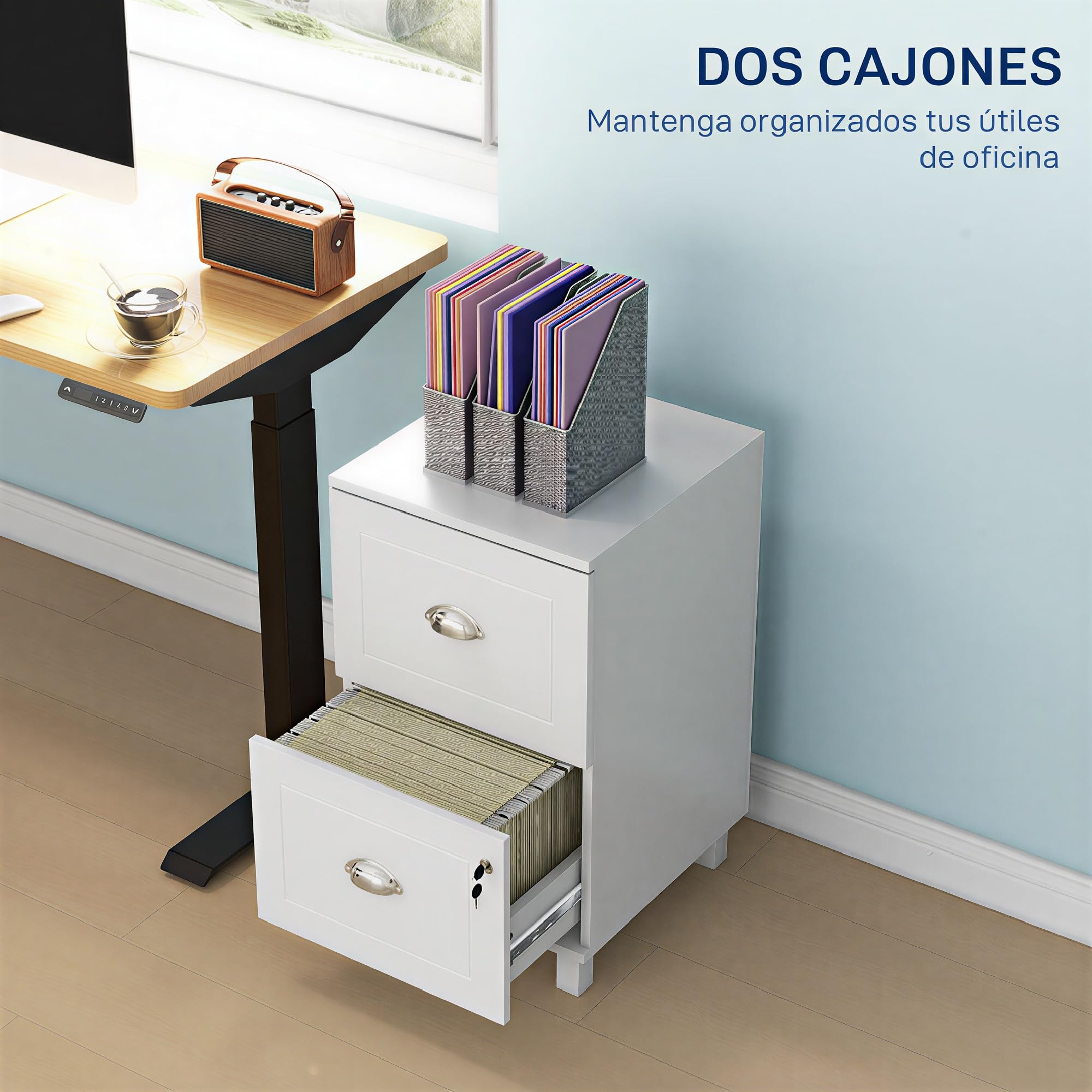 HOMCOM Cassettiera da ufficio 2 cassetti A4 e lettera 40 x 41,5 x 67,5 cm bianco | Mobile archivio, cassettiera per scrivania, con serrature, cartelle sospese