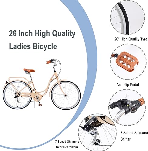 Miniatura 3 de Bicicleta de crucero para adultos de 2426 pulgadas, 7 velocidades, marco de acero, bicicleta Cith, bicicleta de viaje para mujeres, hombres,