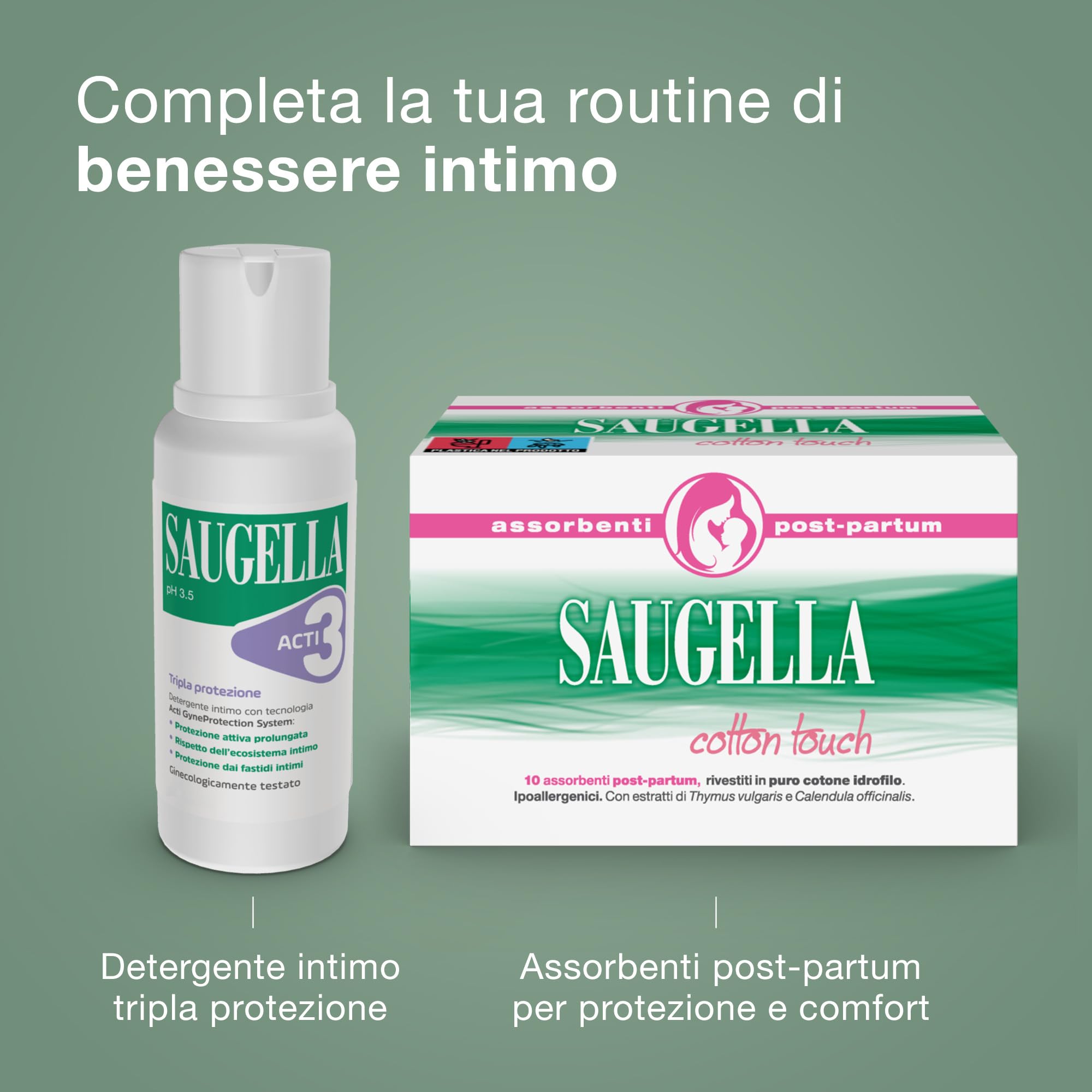 Saugella Cotton Touch Post Parto, 10 Assorbenti Cotone Post Parto, Senza Strato Adesivo, Azione Antibatterica, Lenitiva