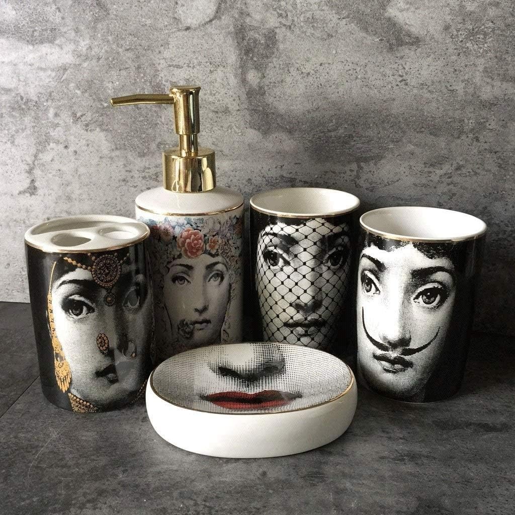 Soap Dispenser Five-Piece Bathroom Accessories Set Toiletries Toiletries Soap Dispenser Toothbrush Holder Tumbler Soap Box，Ceramic Fashion Vintage Pattern Liquid soap Dispenser image 4