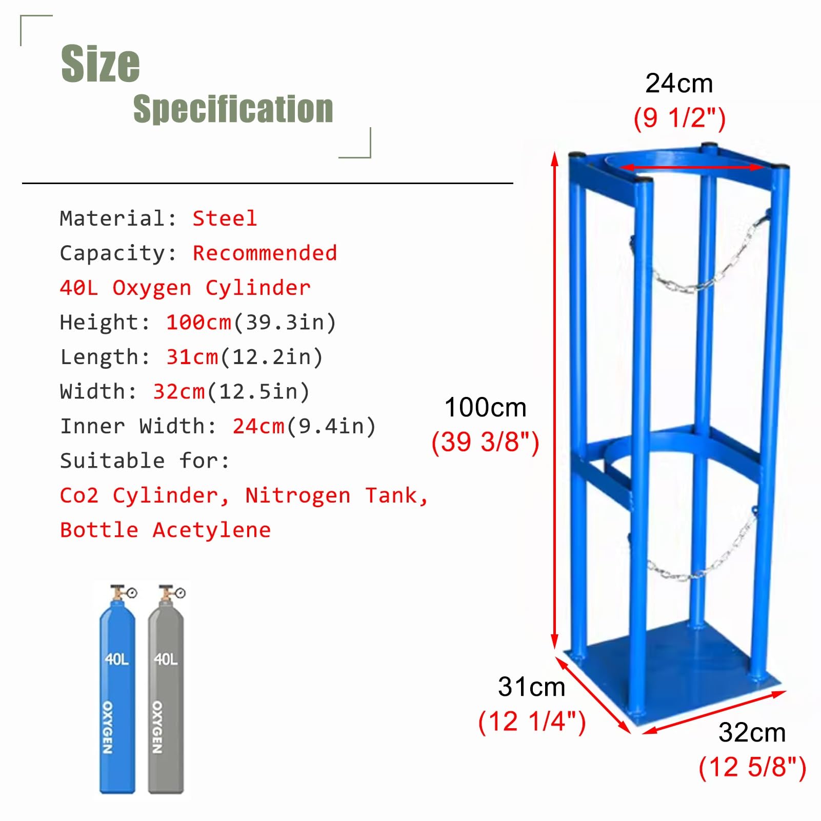 Soporte para bombona de oxígeno con Cadenas de fijación, Estante de Almacenamiento para bombonas de CO2 con Revestimiento, Soporte de Suelo para bombonas de Gas de 24-32,6