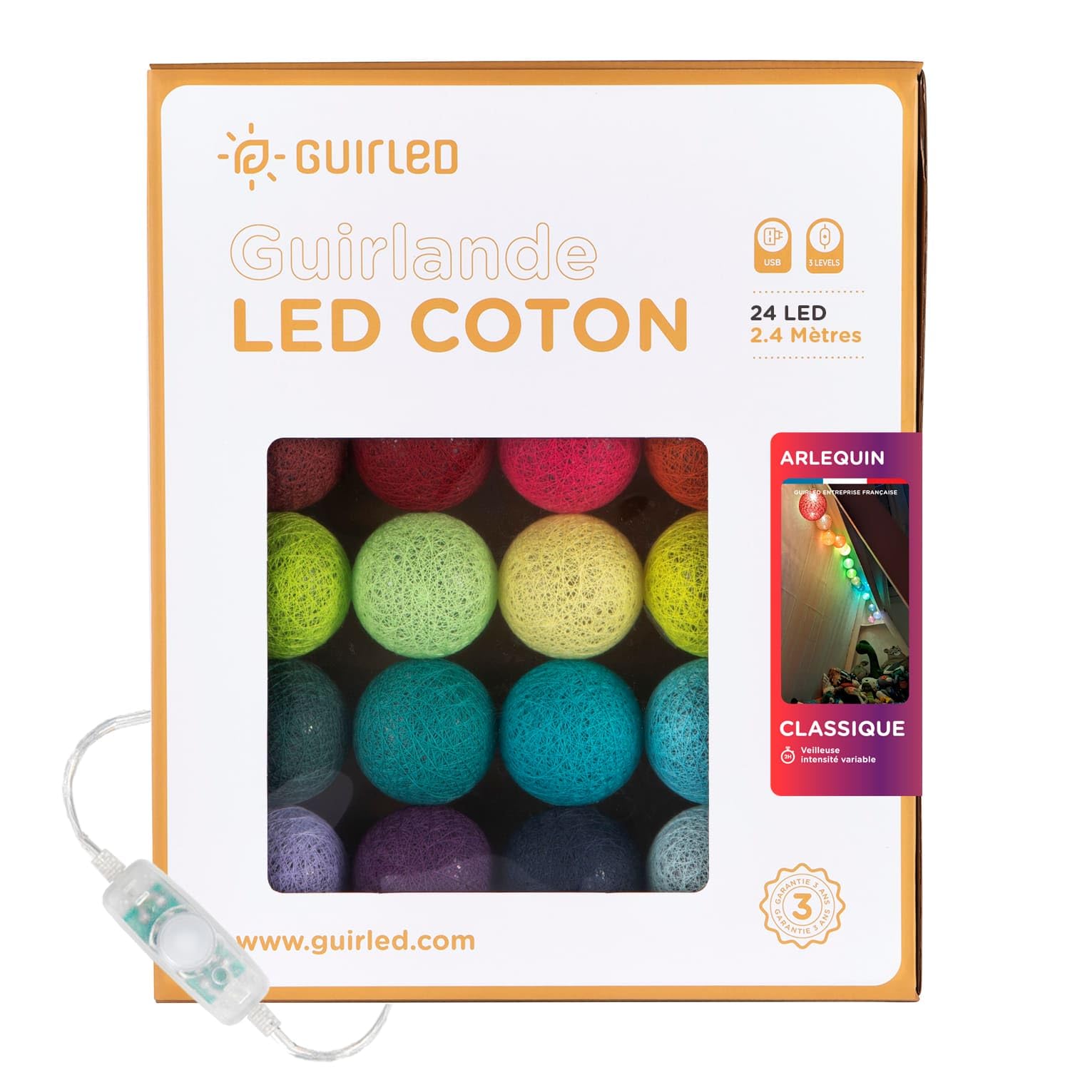 GuirLED - Guirnalda luminosa bolas de algodón LED USB- Luz de noche para bebé 2h - Adaptador de corriente dual USB 2A incluido - 3 intensidades - 24 bolas 2,4m - Arlequin