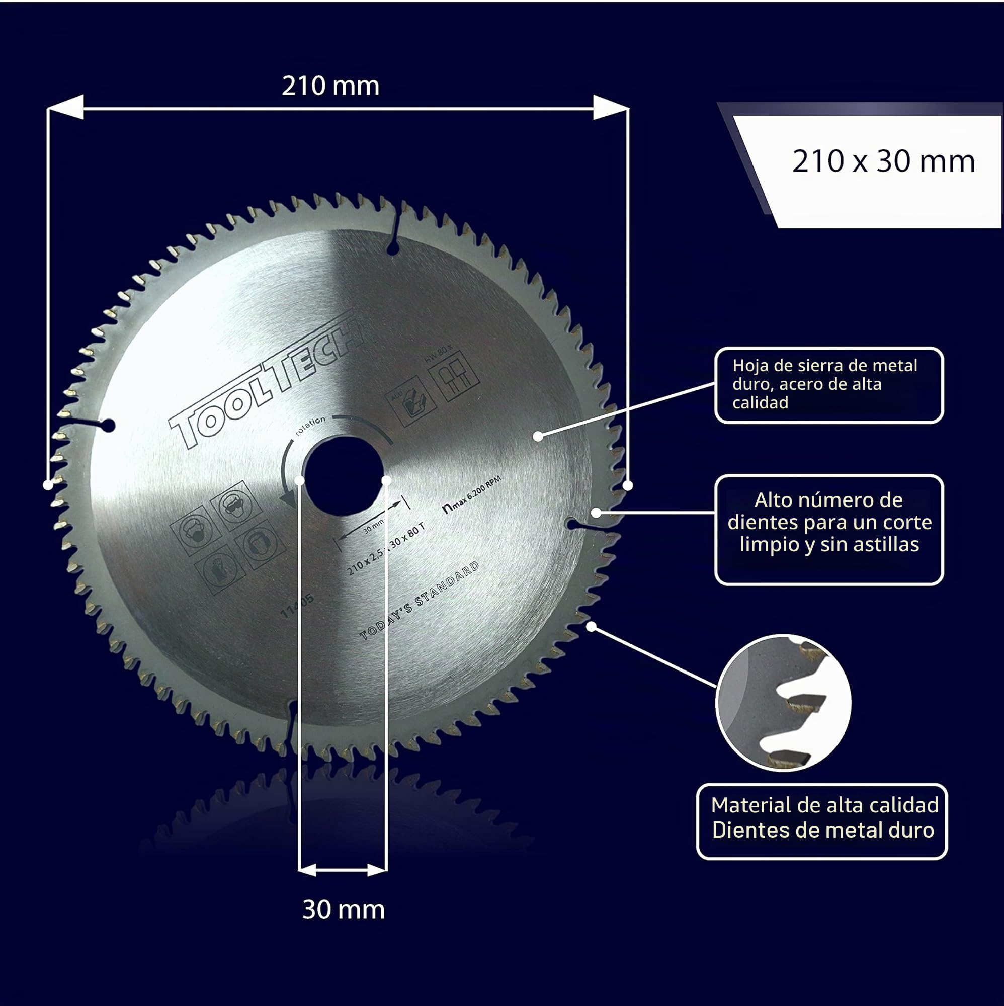 Hoja de Sierra Circular Profesional 210x30 mm Con 80 Dientes HM Para Madera - 3 Anillos de Reducción Para 16mm, 20mm, 24,5 mm