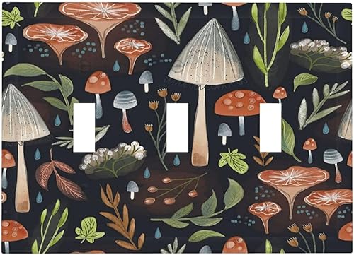 Placa decorativa de 3 segmentos con diseño de bosques de hongos bohemios, placa de pared de triple palanca, placa frontal eléctrica para baño,
