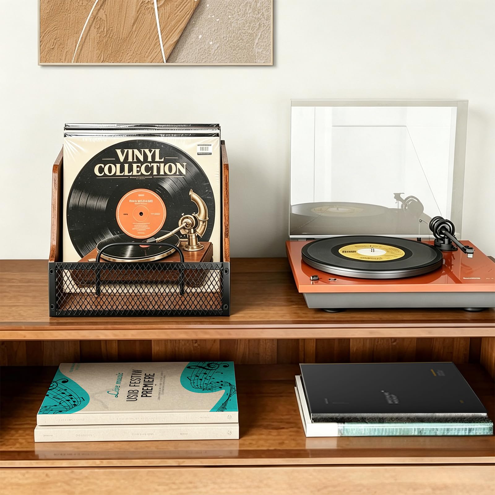 BILIONE Contenitore per dischi in metallo e legno con divisorio | Supporto per dischi in vinile da 7/10/12 pollici, 60 LPs, organizer per CD, album, riviste, libro