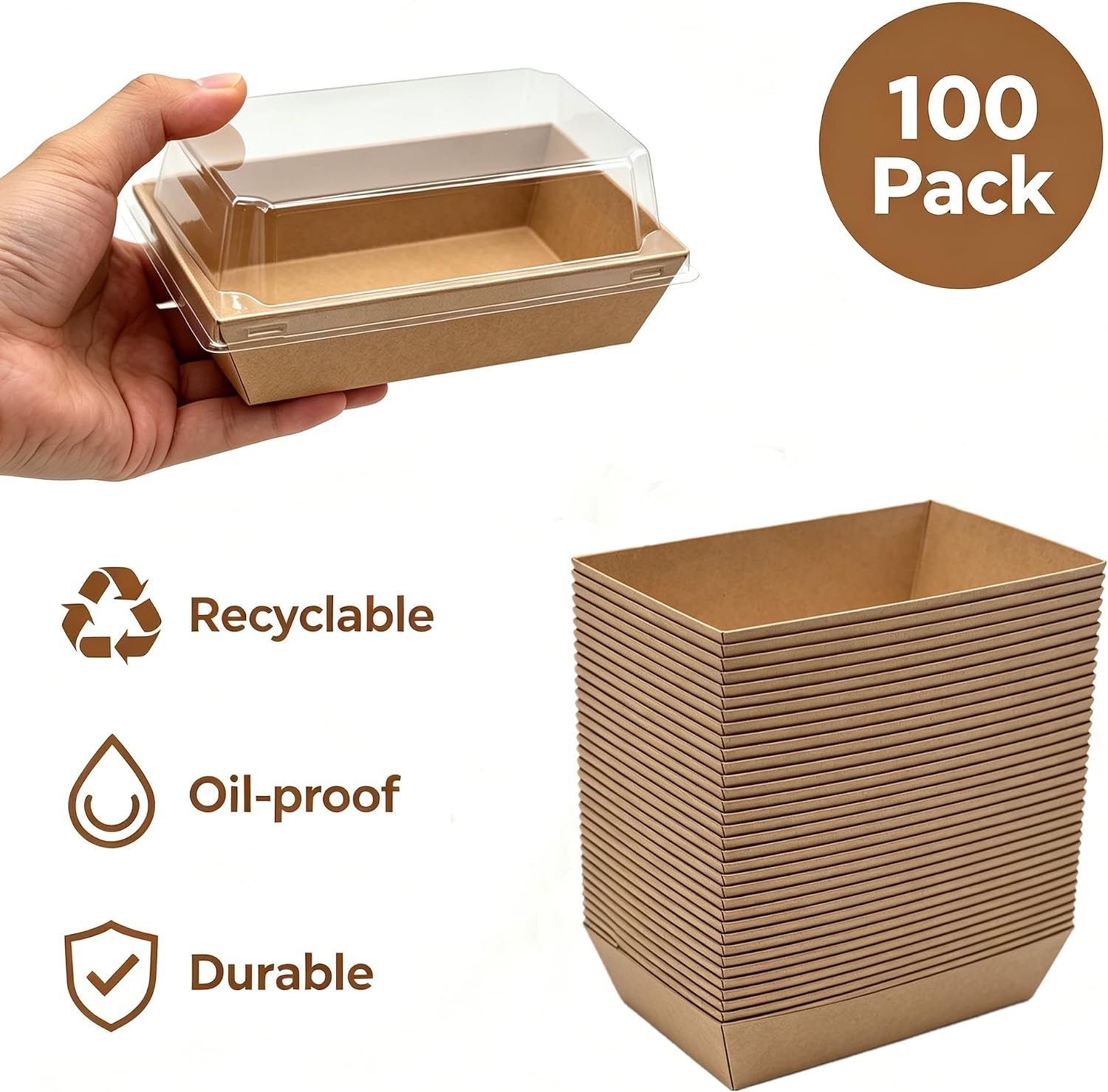 100 Pack Charcuterie Boxes with Clear Lids, Small To Go Food Containers, Disposable Kraft Bakery Treat Boxes for 2 Cupcakes, Cake Slice Sushi Strawberry with Stickers