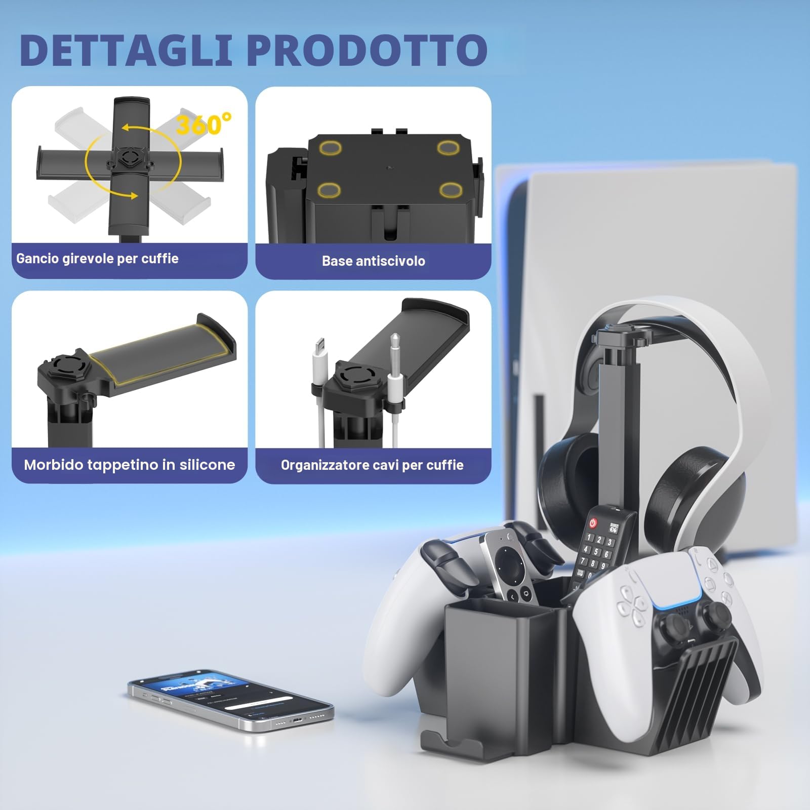 KDD Supporto per Controller Doppio, Porta Cuffie da Scrivania Universale con Supporto Telefono, Porta Controller Multifunzionale, Organizer Da Scrivania per Penna Telecomando Xbox ONE PS4 PS5 PC Nero