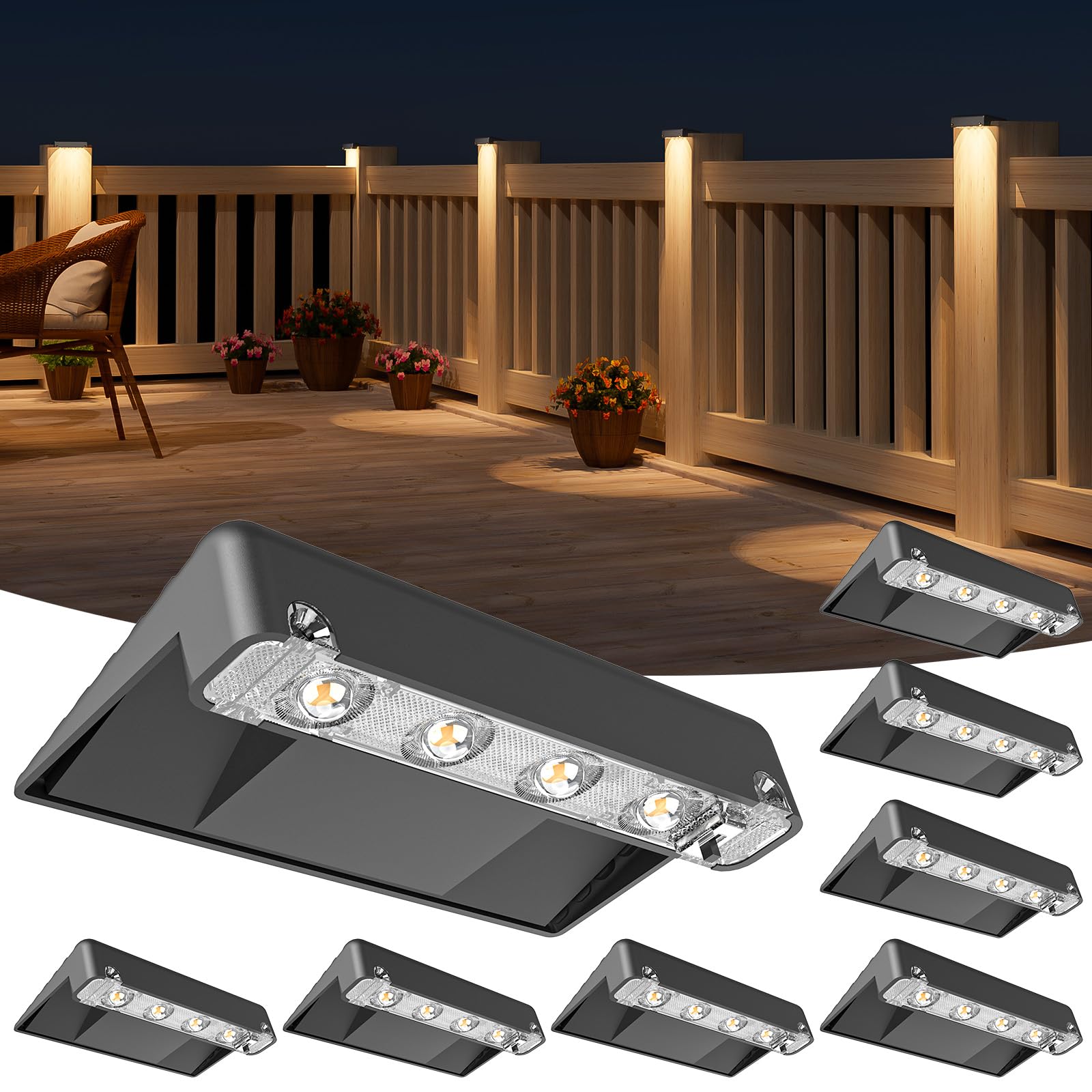 NIORSUN Solar Deck Lights Outdoor 8 Pack, IP65 Waterproof Large Size LED Stair Lights with Lenses, Auto ON Off Warm White Step Lights for Outside,